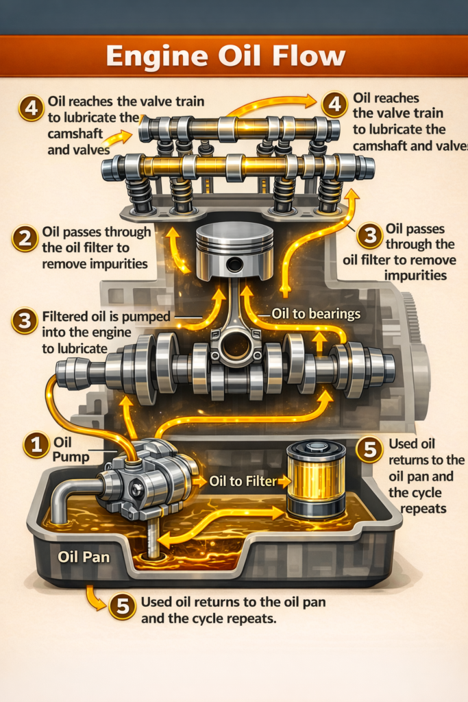 How engine oil works by lubricating, cooling, and cleaning engine parts to reduce friction and wear, ensuring smooth and efficient vehicle performanc